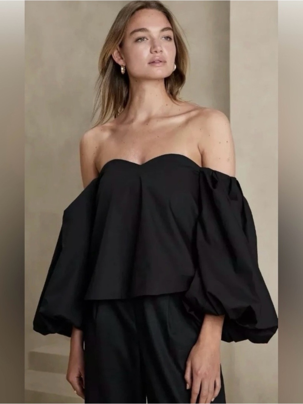 Banana Republic Factory Black Off-Shoulder Puff Sleeve Top